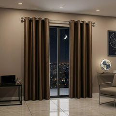 Brown Faux Silk Fully Lined Eyelet Curtains - 1 Pair,
