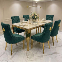 Sofia 1.6m Cream Gold Dining Table & 6 Green Lion Back Velvet Chairs