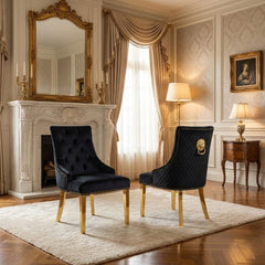 Set of 2 Minister Black Velvet Dining Chairs with Gold Lion Knocker