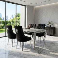 Sofia 1.2m Grey Marble Dining Table & 4 Black Minister Lion Chairs