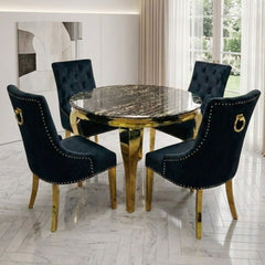 Sofia 1.1m Round Black Gold Dining Table & 4 Ring Back Dining Chairs