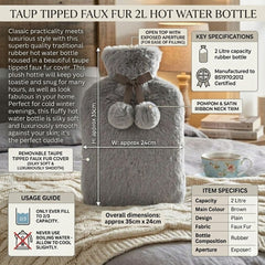 Taupe Tipped Faux Fur 2L Hot Water Bottle - Luxury Pom Pom Winter Gift