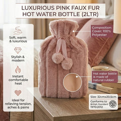 Pink 2L Faux Fur Hot Water Bottle - Luxury Plush Pom Pom Winter Gift