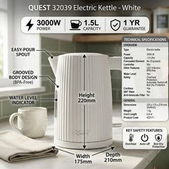 Electric Kettle - 1.5L Cream Grooved Design Rapid Boil 3000W