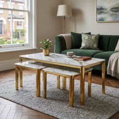 Nest of 3 White Marble Coffee Tables with Gold Steel Frame Set