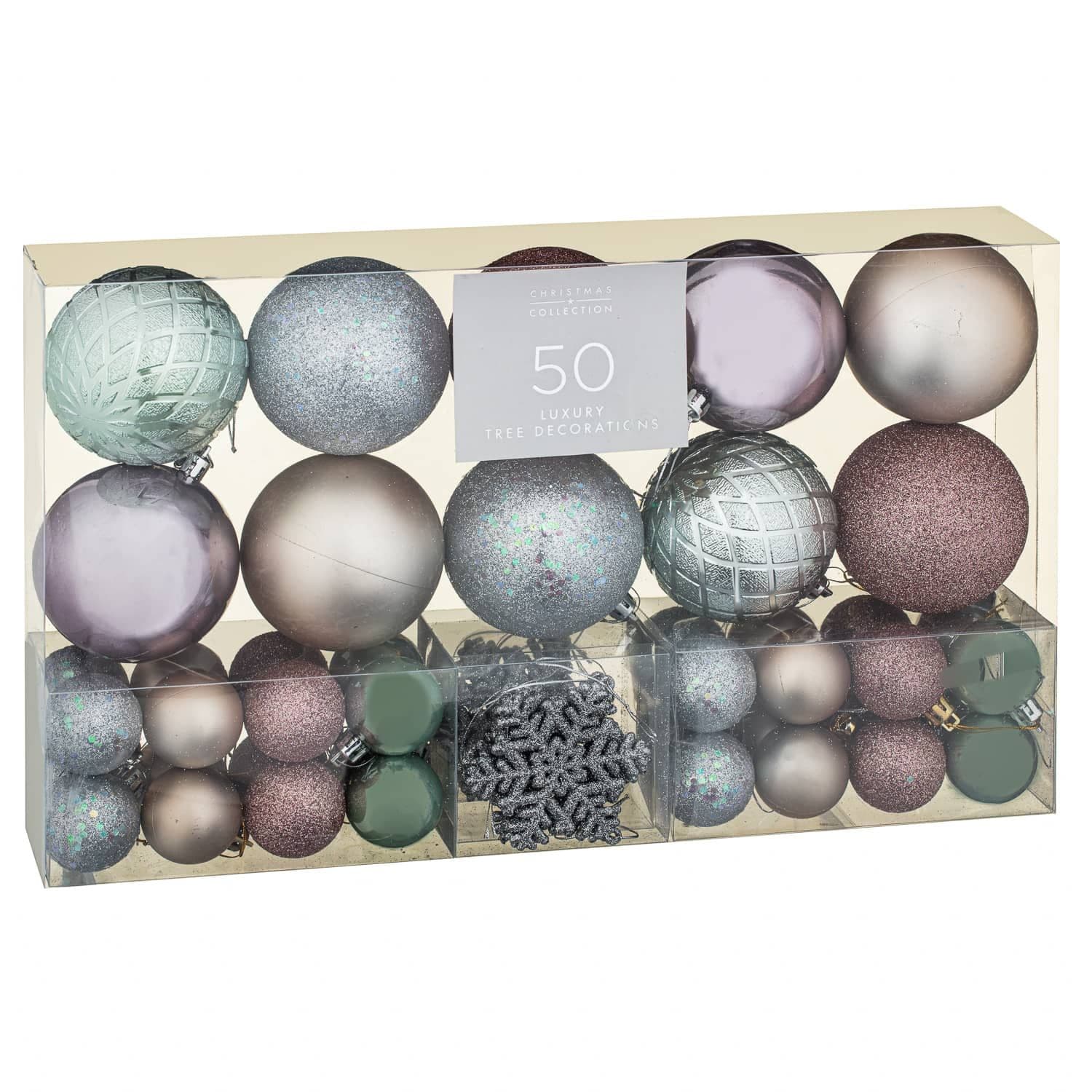 50 Piece Deco Shimmer Baubles Luxury Tree Decorations Pack