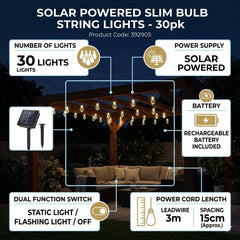 Solar Powered Slim Bulb String Lights 30pk - Warm White Garden LED