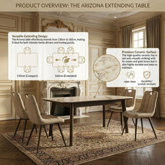 Arizona Extending Cream & Gold Ceramic Table & 4 Monza Beige Chairs
