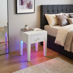 Smart White Glass LED Bedside Table - Wireless Charging & Speaker