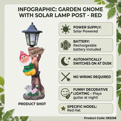 Garden Gnome with Solar Lamp Post - Cheeky Red Garden Ornament Light