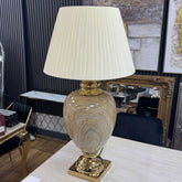 XL Cream & Gold Marble Table Lamp with Pleated Shade 104cm Tall