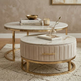Melrose White Ceramic Nest Of Coffee Tables - Set of 2 Storage Cream Fabric