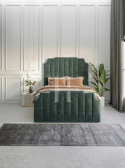 Modern Classic Stepped Camelback Bed Frame with Vertical Channeling & Nailhead Trim