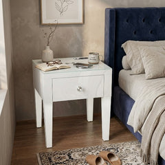 Smart White Glass LED Bedside Table - Wireless Charging & Speaker