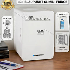 Blaupunkt 6L Mini Fridge - Portable White Cooler for Home, Office & Car