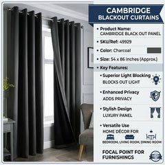Cambridge Charcoal Blackout Curtain Panel - 54 x 86" Luxury Drape
