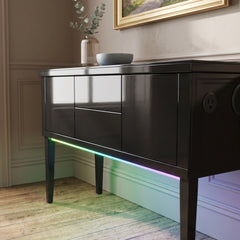 Aura High Gloss Black Sideboard with LED Light, USB & Bluetooth 120cm