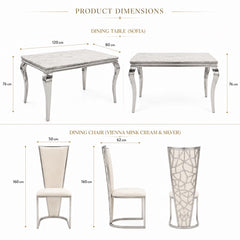 1.2m Grey Marble Dining Table with 4 Vienna Cream Silver Chairs UK