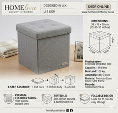 Home Luxe Grey Brushed Velvet Folding Storage Box Ottoman - 38cm