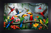 French Velvet Colorful birds amid lush rainforest. - Home Luxe Interior