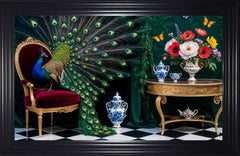 French Velvet Majestic peacock amidst opulent elegance. - Home Luxe Interior