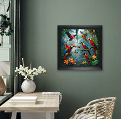 French Velvet Radiant jungle birds amidst foliage. - Home Luxe Interior