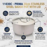 Prima 20cm Stainless Steel Sauce Pot with Lid - 3.4L Induction Base