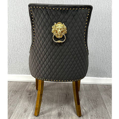 Set of 2 Minister Grey Velvet & Gold Dining Chairs with Lion Ring Knocker – Home Luxe Interior