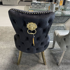 Set of 2 Victoria Black Velvet & Gold Dining Chairs with Lion Ring Knocker – Home Luxe Interior