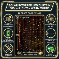 Solar Powered Warm White LED Curtain Lights - 180cm Garden Backdrop