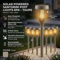 Solar Powered Santorini Post Lights 6pk - Taupe Flame Effect LEDs