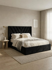 Modern Velvet Chevron V-Pattern Upholstered Bed Frame