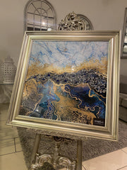 Blue & Gold Acacia Abstract Wall Art Champagne Step Frame 85Cm X 85Cm