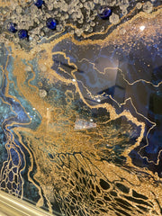 Blue & Gold Acacia Abstract Wall Art Champagne Step Frame 85Cm X 85Cm