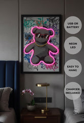 Cool Teddy Bear Neon LED Wall Art - 40x60cm Graffiti Canvas USB