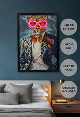 Dapper Leo' Neon LED Wall Art - 40x60cm Leopard in Suit Canvas USB
