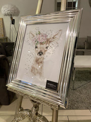 Deer Floral Watercolour Wall Art Chrome Step Frame 55Cm X 65Cm