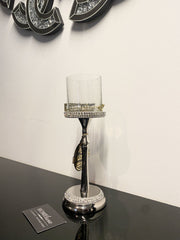 Diamante Silver Slimline Glass Candle Holder Medium