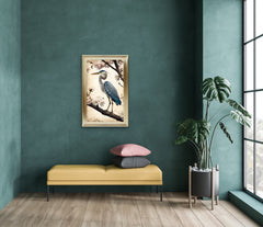French Velvet Blue heron amid cherry blossoms, Vintage - Home Luxe Interior