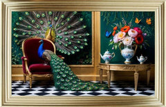 French Velvet Majestic peacock adorn opulent throne. - Home Luxe Interior