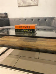 Glass Top Wooden Walnut Shelf Coffee Table With Black Frame