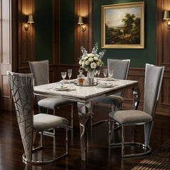 1.2m Marble Dining Table & 4 Vienna Grey Silver Velvet Chairs Set
