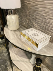 Grey Half Moon Marble Effect Console Table With Black Frame