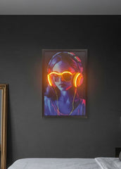 Headphones Girl Neon LED Wall Art - 40x60cm Cyberpunk Synthwave Canvas USB