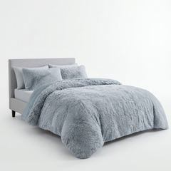 Silver Cuddly Faux Fur Long Pile Duvet Set Soft Fluffy Shaggy Bedding