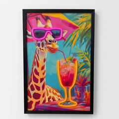 Framed Giraffe Cocktail LED Neon Light Canvas Wall Art Decor - 40x60cm