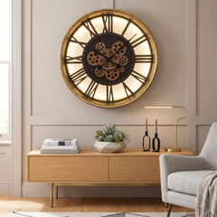 Home Luxe Light Up LED USB Gold Moving Cog Wall Clock Roman Numeral 51cm