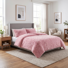Pink Cuddly Faux Fur Long Pile Duvet Set Luxury Fluffy Fleece Bedding