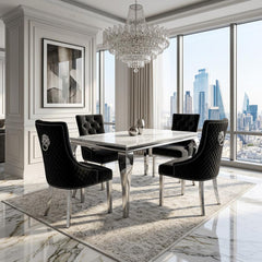 1.2m Grey Marble Dining Table with 4 Vienna Black Silver Chairs UK