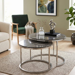 Boston Dark Grey Marble Nest of Tables Set of 2 Silver Frame